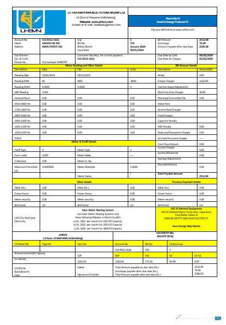 India Uttarakhand power corporation electricity business utility bill Word and PDF formats